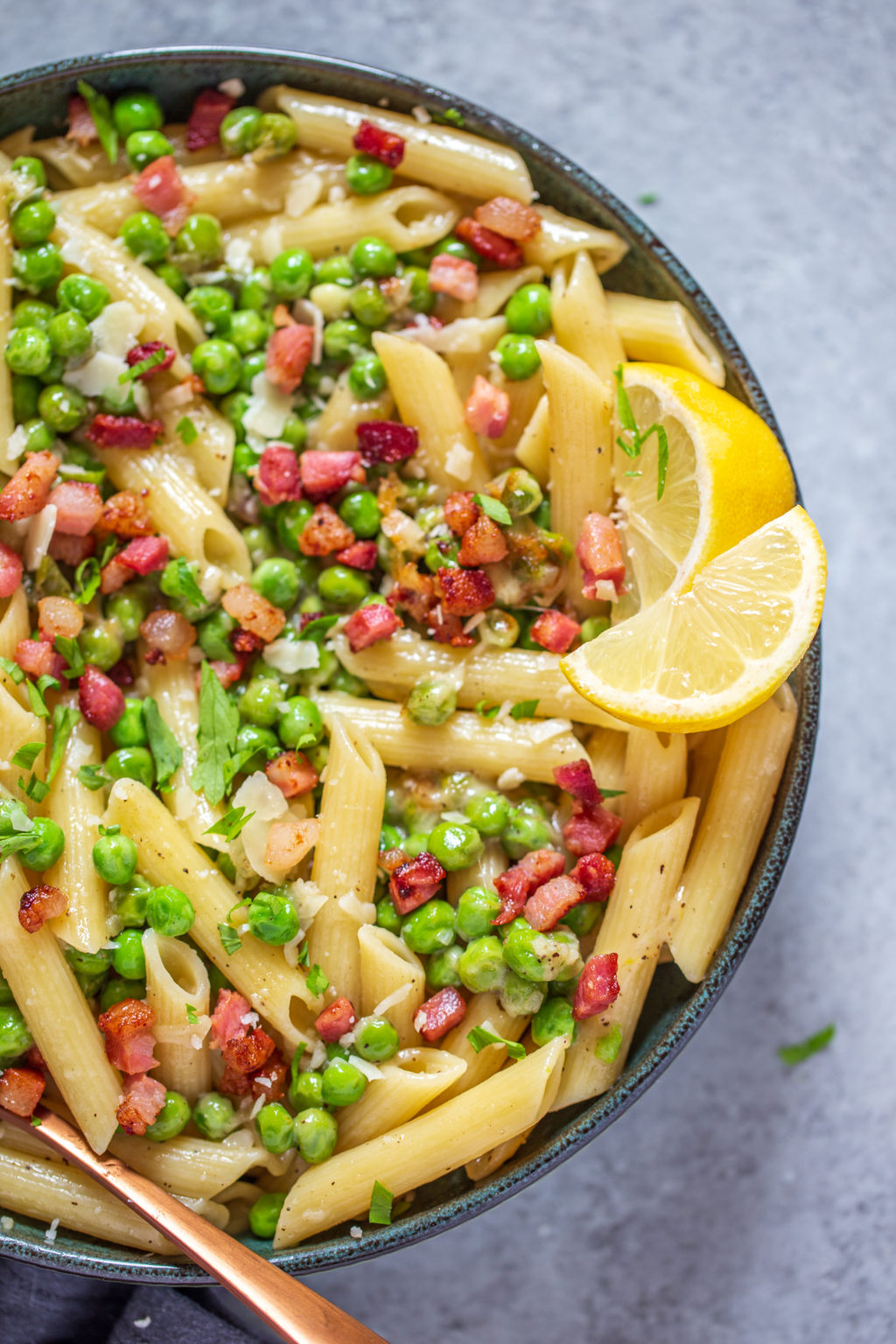 Crispy Pancetta and Sweet Pea Ziti Strawberry Blondie Kitchen