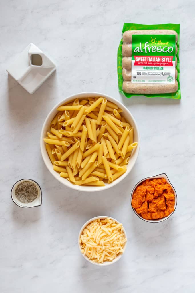 Ingredients needed to make One Pot Cheesy Pumpkin and Sausage Pasta