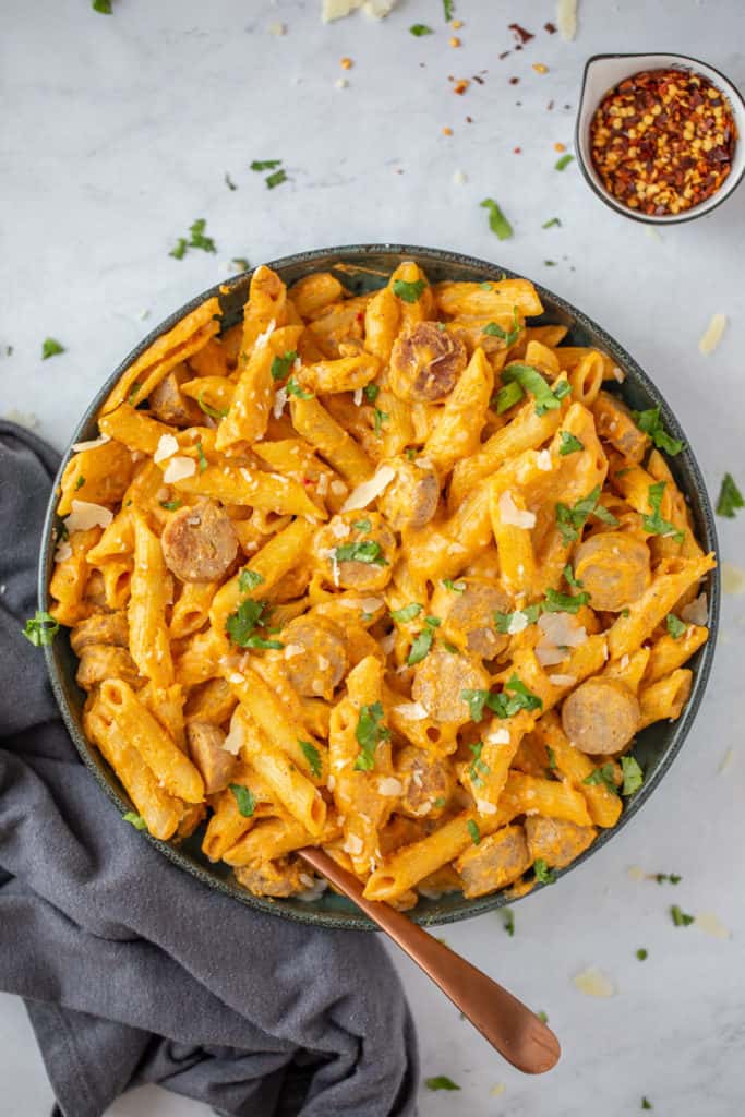 One Pot Cheesy Pumpkin and Sausage Pasta