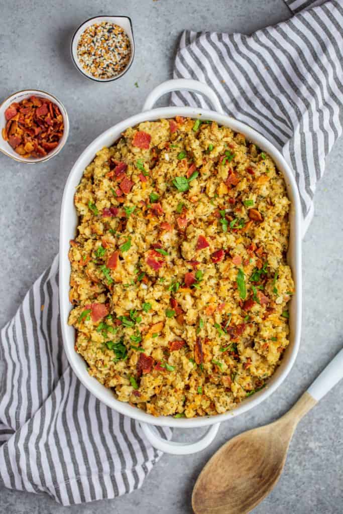 Cheesy Bacon and Everything Stuffing in a baking dish