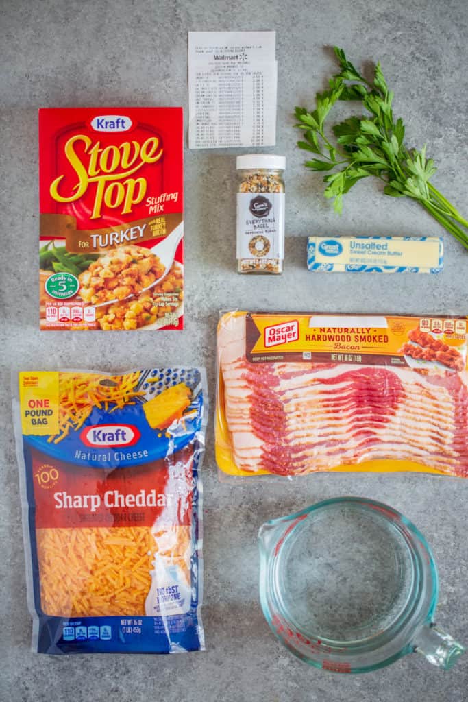 Ingredients for Cheesy Bacon and Everything Stuffing available for purchase at Walmart