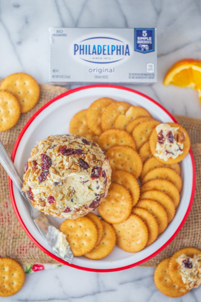 Cranberry Orange Pecan Cheeseball using Philadelphia cream cheese and can be placed on top of butter crackers
