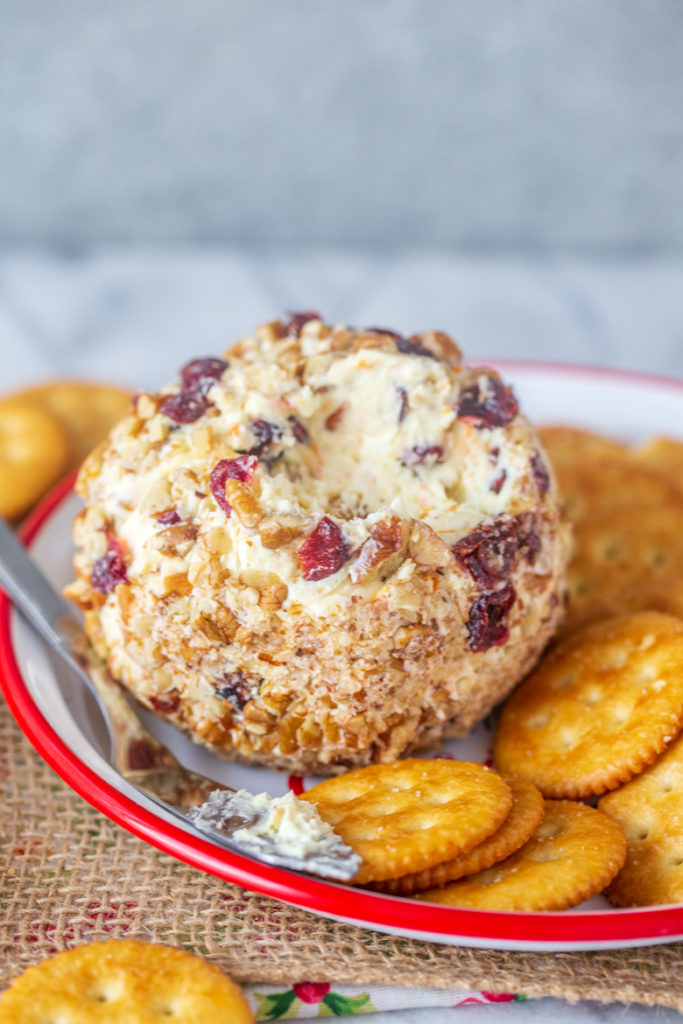 close up shot of Cranberry Orange Pecan Cheeseball