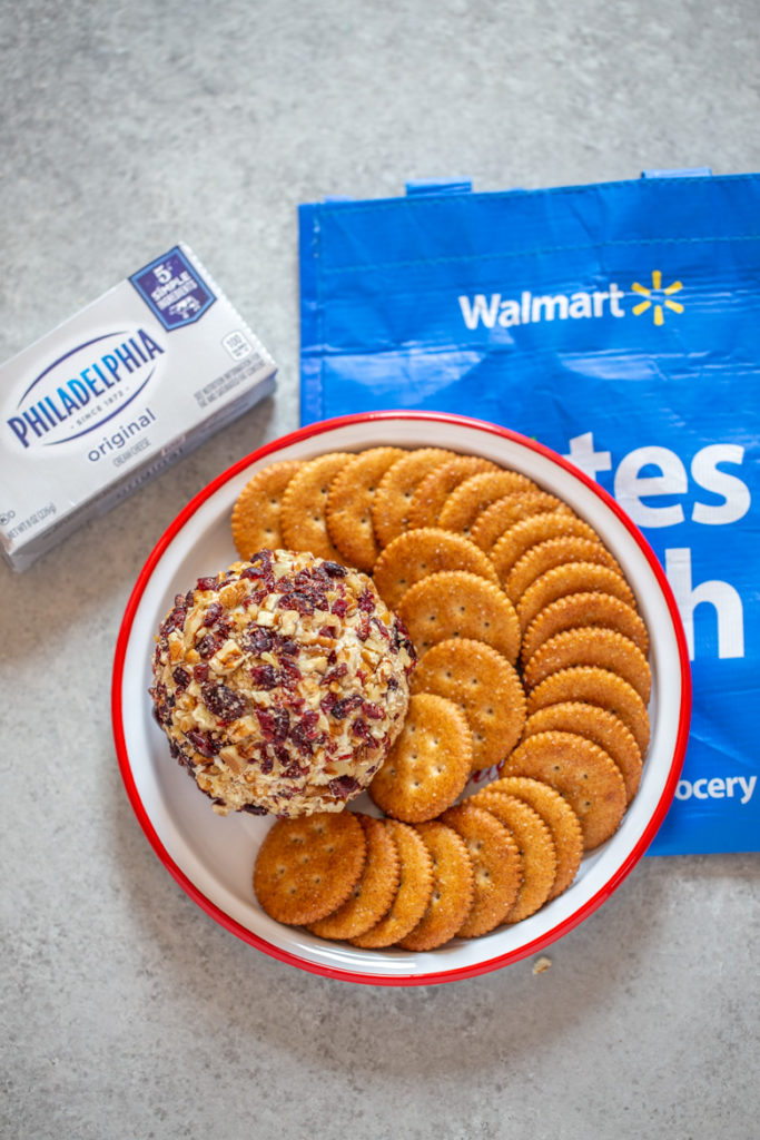 Cranberry Orange Pecan Cheeseball ingredients, such as Philadelphia cream cheese, can be purchased at Walmart