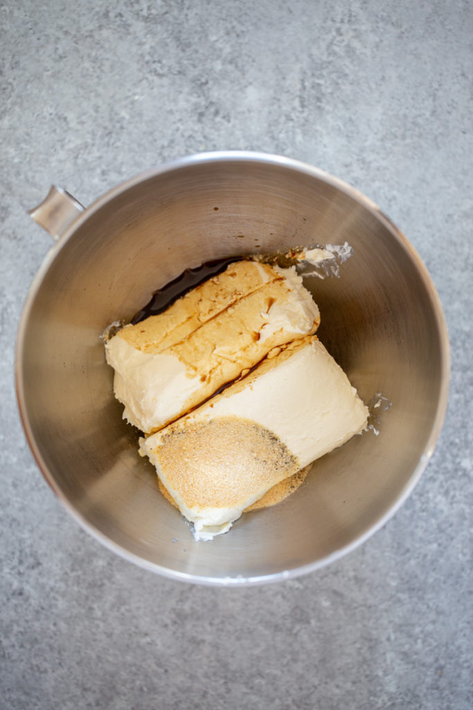 Cream cheese, Worcestershire and seasonings in bowl for bacon cheddar cheese ball