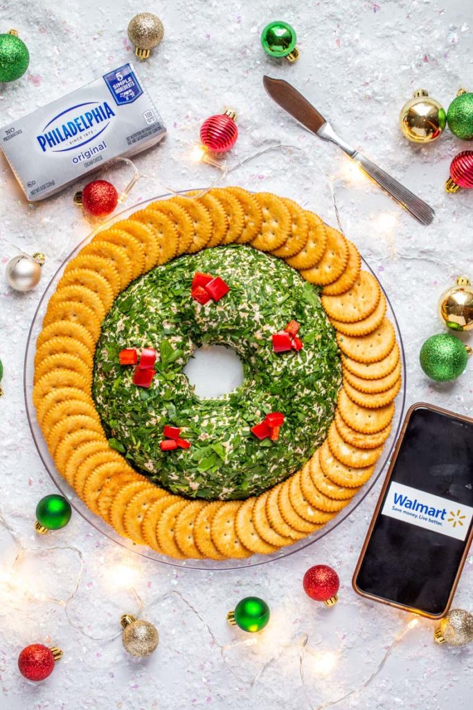 Overhead shot of bacon cheddar cheese ball wreath with Philadelphia cream cheese available at Walmart