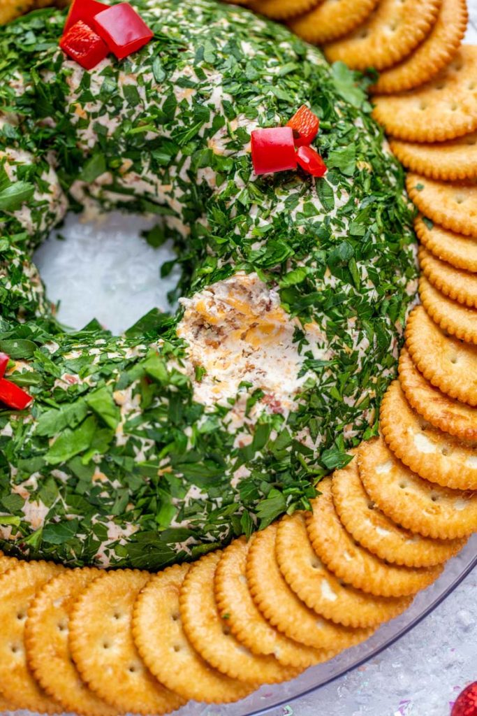 Close up shot of inside of bacon cheese ball wreath