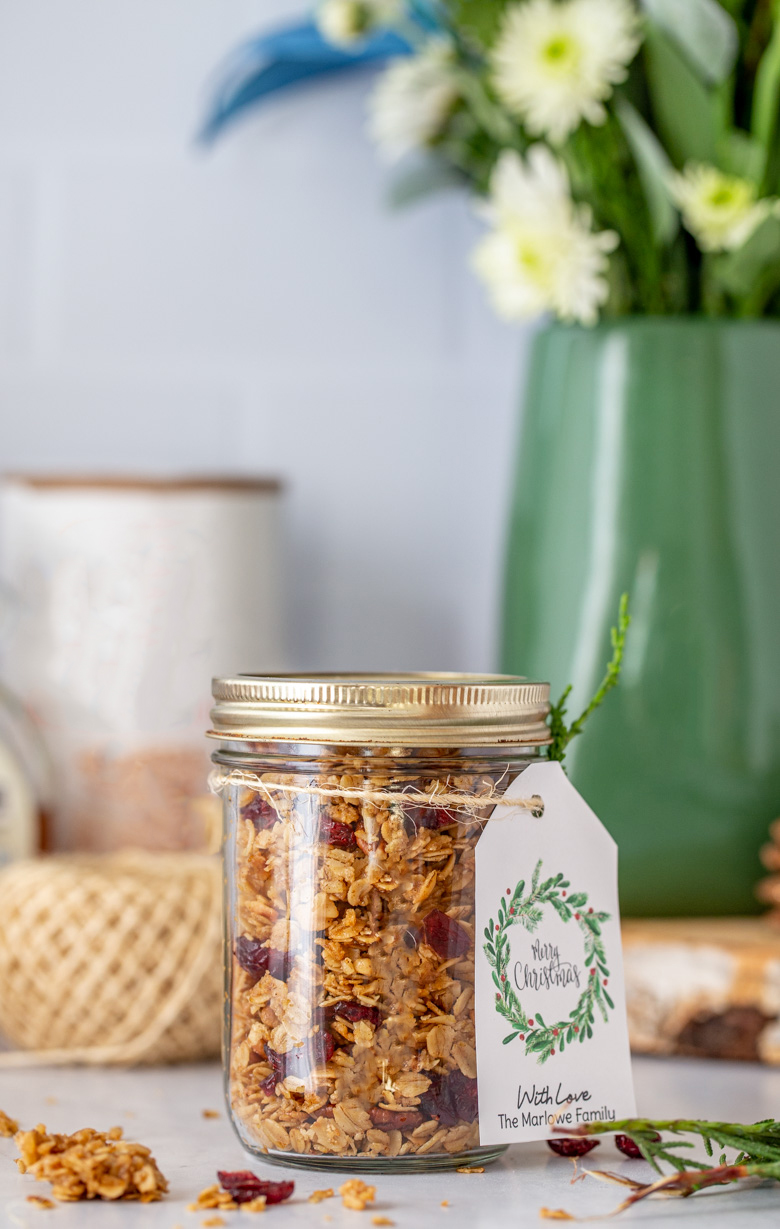 Homemade Baked Granola in a Jar with personalized gift tag