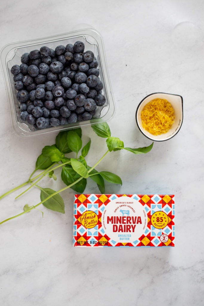 Ingredients needed for blueberry basil lemon butter