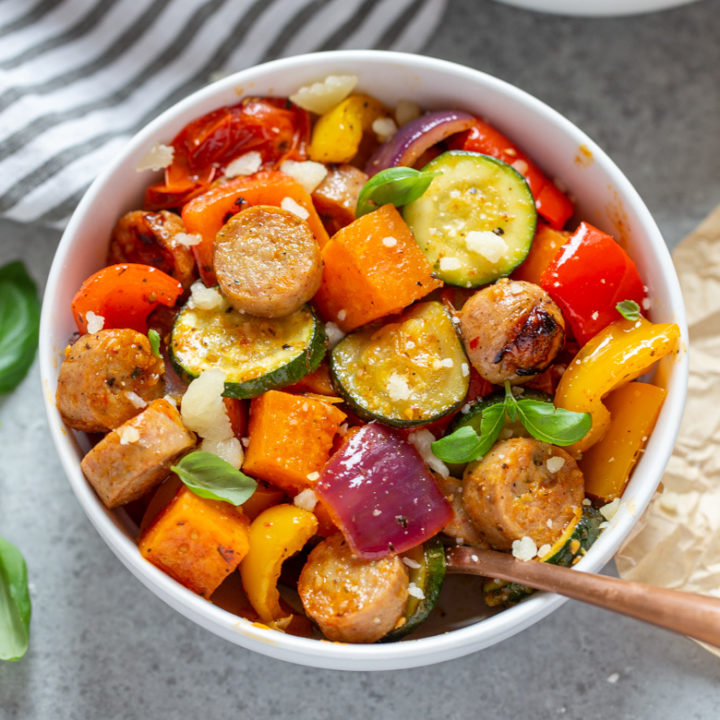 Sheet Pan Chicken Sausage and Veggies - Strawberry Blondie Kitchen