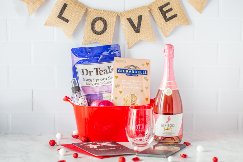 Valentine's day Gift basket for her, wife, daughter, mom filled of bath salts, bath bombs, chocolates and wine