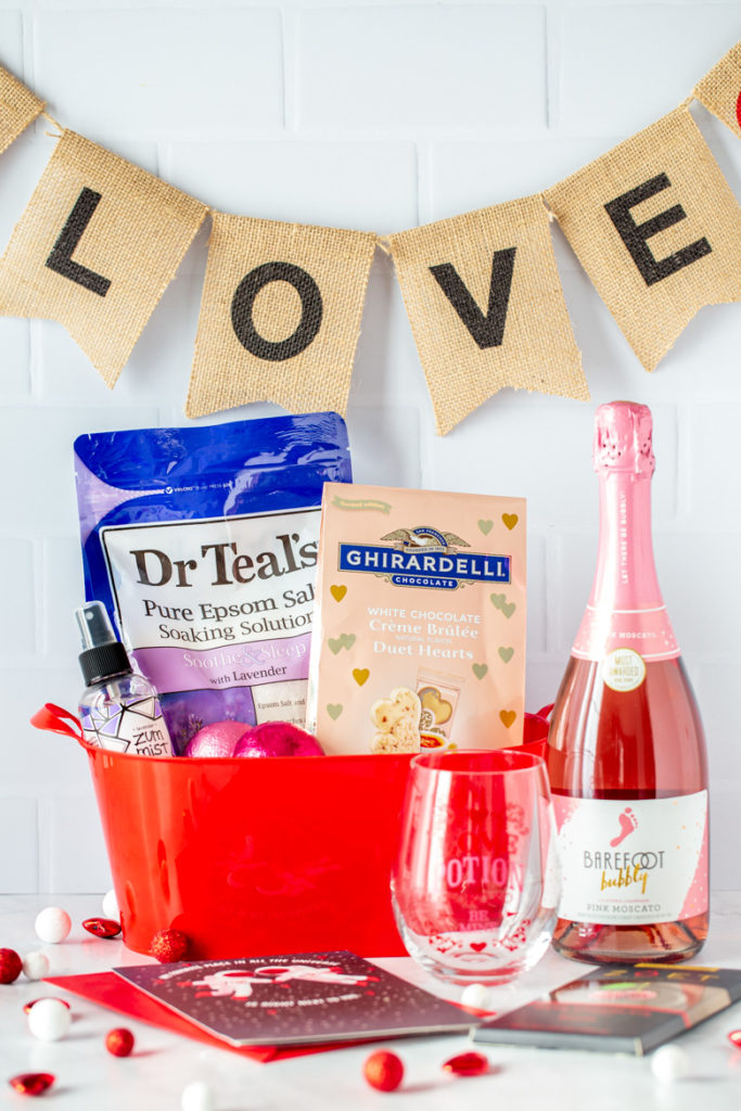 Valentine's day Gift basket for her, wife, daughter, mom filled of bath salts, bath bombs, chocolates and wine