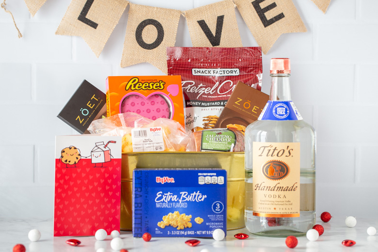Valentine gift basket for him. For husband, son, dad, foodie, full of pretzels, chocolate, cheese, summer sausage, popcorn and Tito's vodka