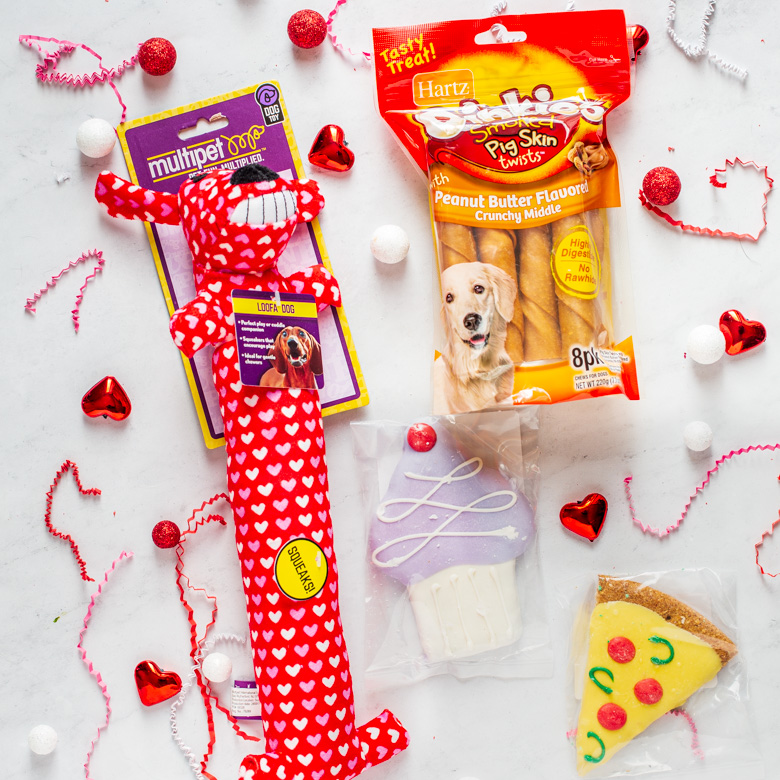 Don't forget the dog this year for Valentine's day. A dog toy, bones and special bakery cookies are perfect for your pet