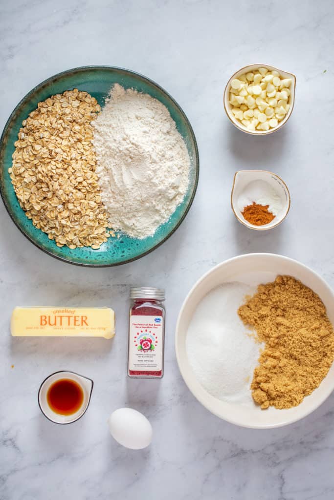 Ingredients needed for white chocolate cranberry oatmeal cookies