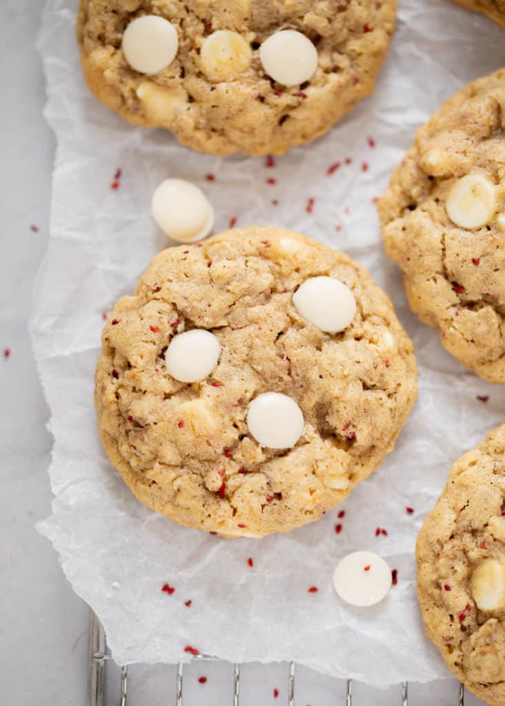 Close up shot of a single White Chocolate Cranberry Oatmeal Cookie