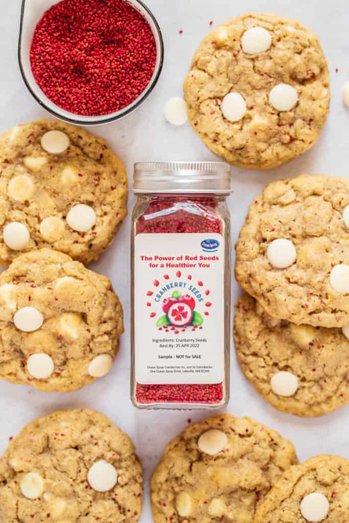 Ocean Spray Cranberry Seeds surrounded by White Chocolate Cranberry Oatmeal Cookies