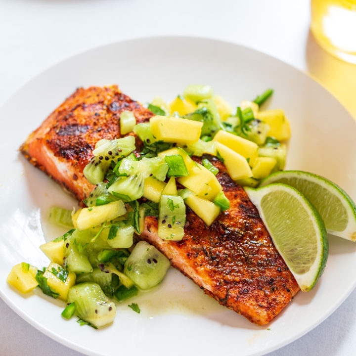 Jerk Salmon with Kiwi Mango Salsa