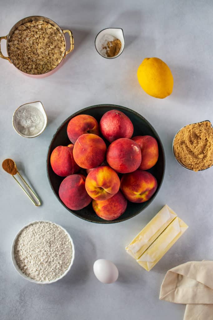 Ingredients needed for peach cobbler crumble bars