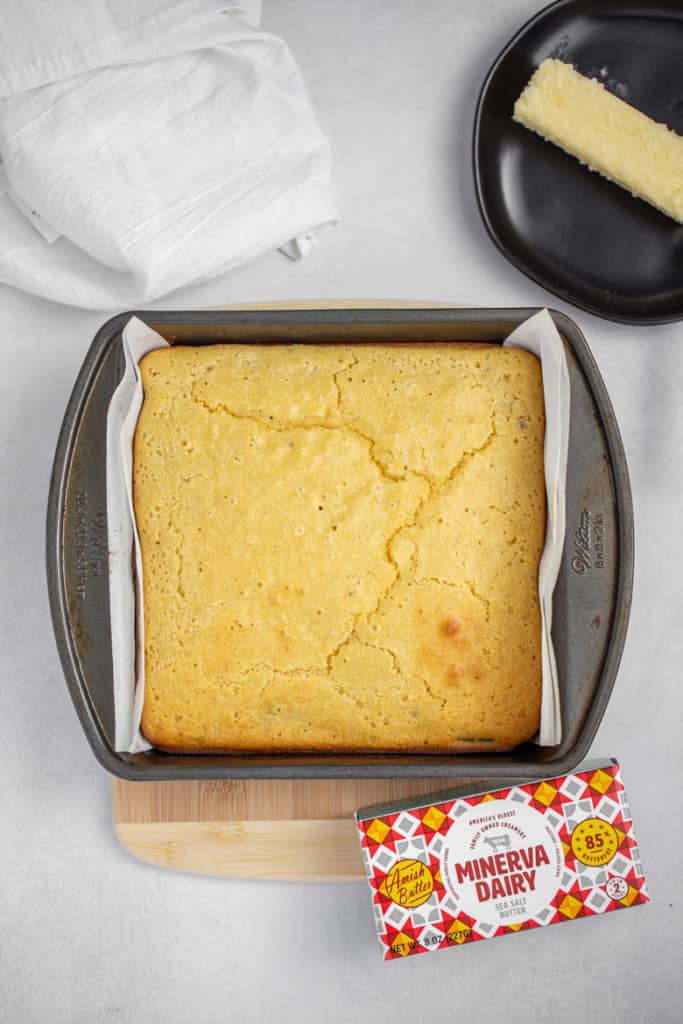 cornbread out of the oven and golden brown