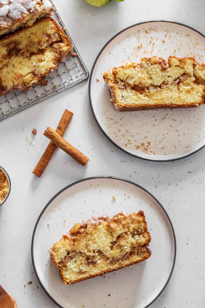 Slices of apple fritter bread on plates