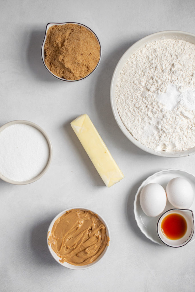 Ingredients to make peanut butter chocolate cookies