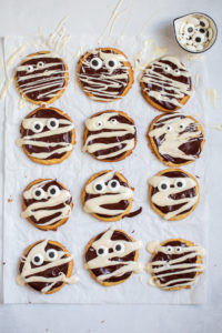 decorated mummy cookies for Halloween